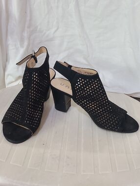 Unisa Black Laser-Cut Peep-Toe Slingback Block Heel Sandals
